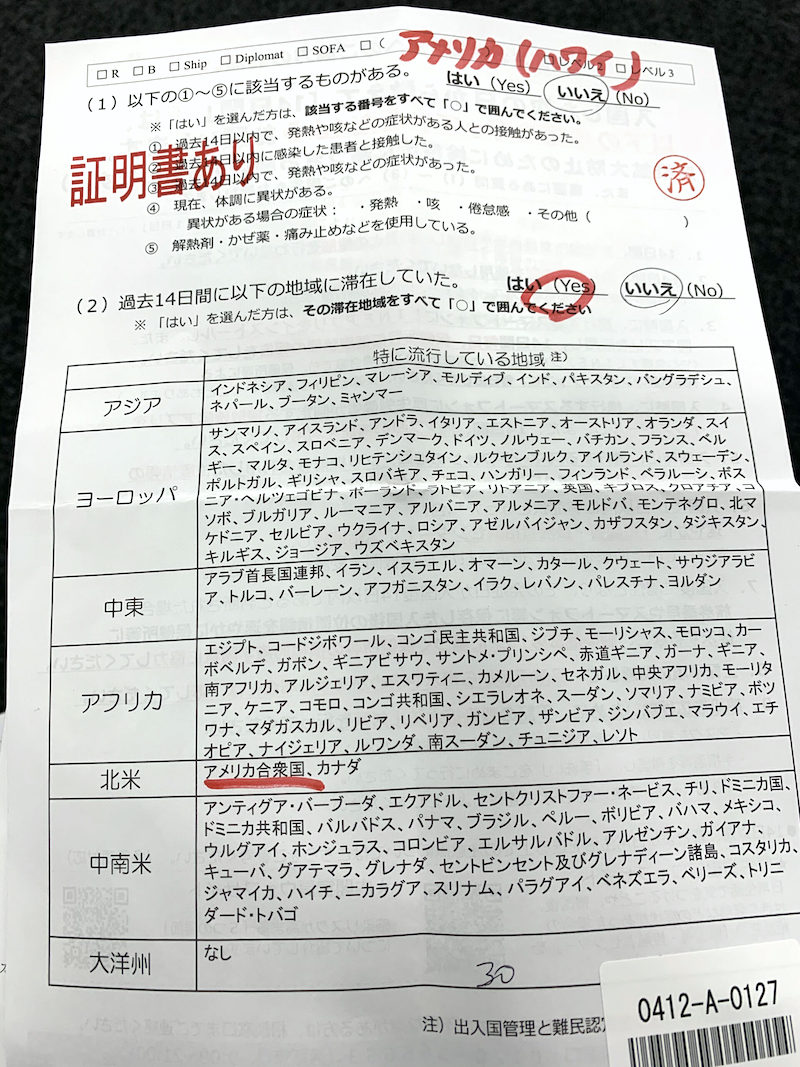 成田空港で日本帰国時の書類チェック