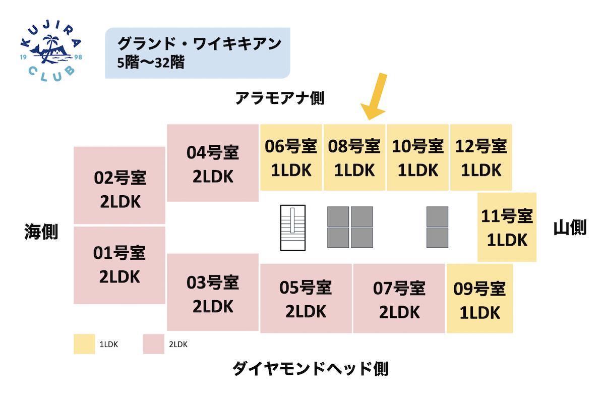 ワイキキアンパーシャルオーシャンビュー2308号室のフロアマップ